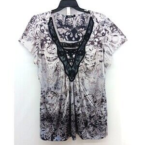Apt. 9 Blouse Women Size 3X Black White Floral Lace Keyhole V Neck Casual Top